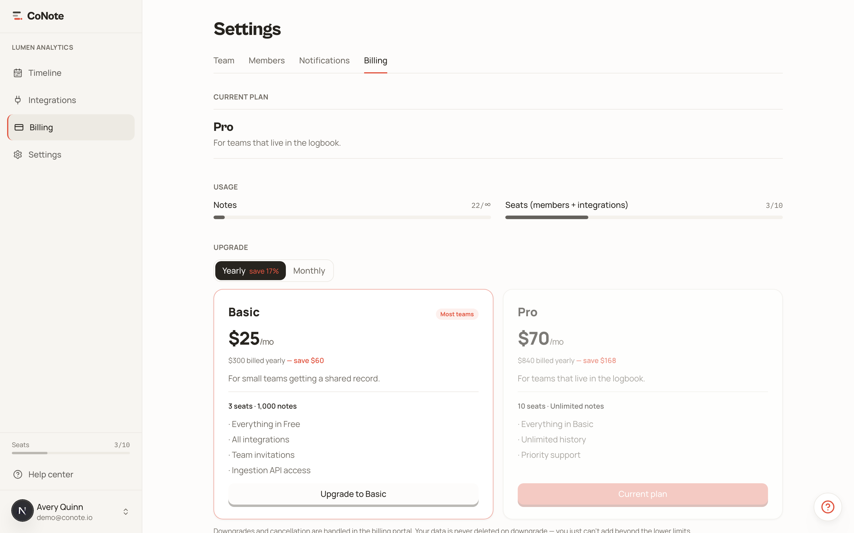 The billing settings page showing the current plan, usage meters, and upgrade options