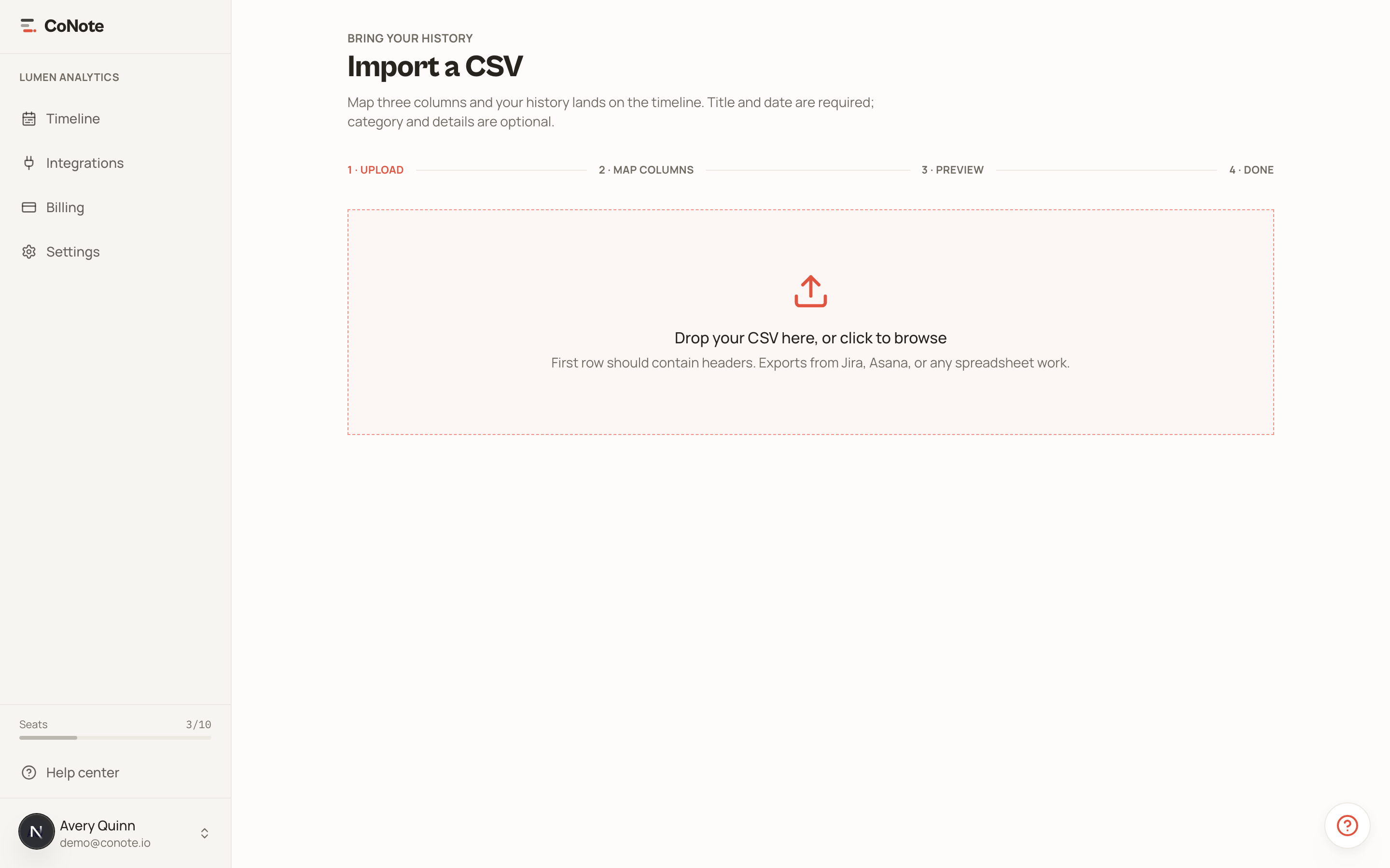 The CSV import wizard on the upload step, showing the four steps: upload, map columns, preview, done