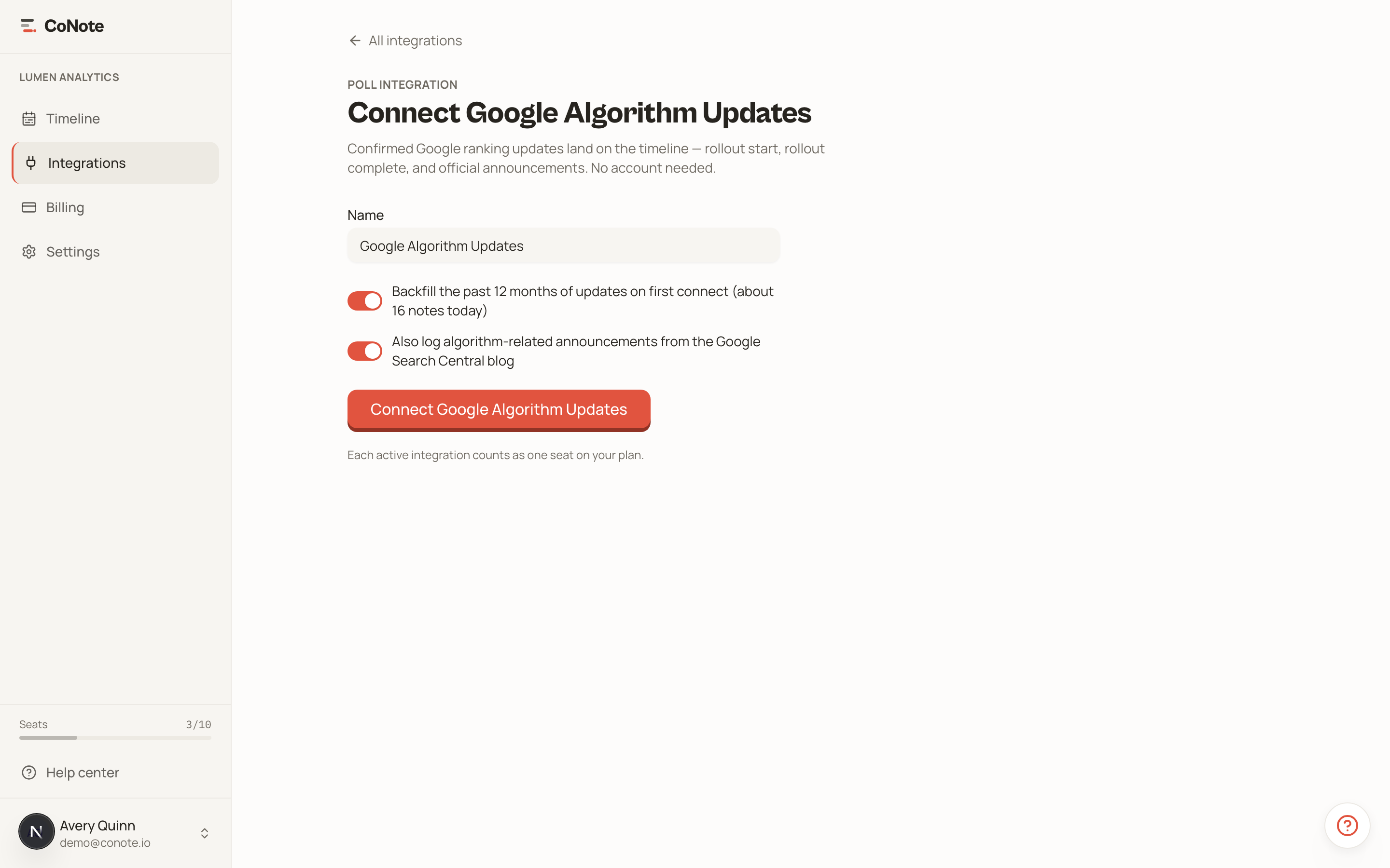 The Google Algorithm Updates integration setup page