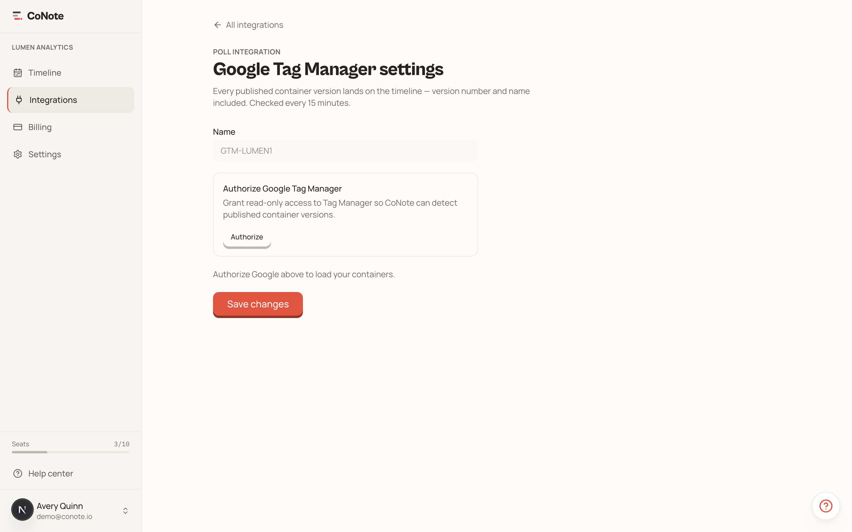 The Google Tag Manager setup page with a name field and an Authorize Google button