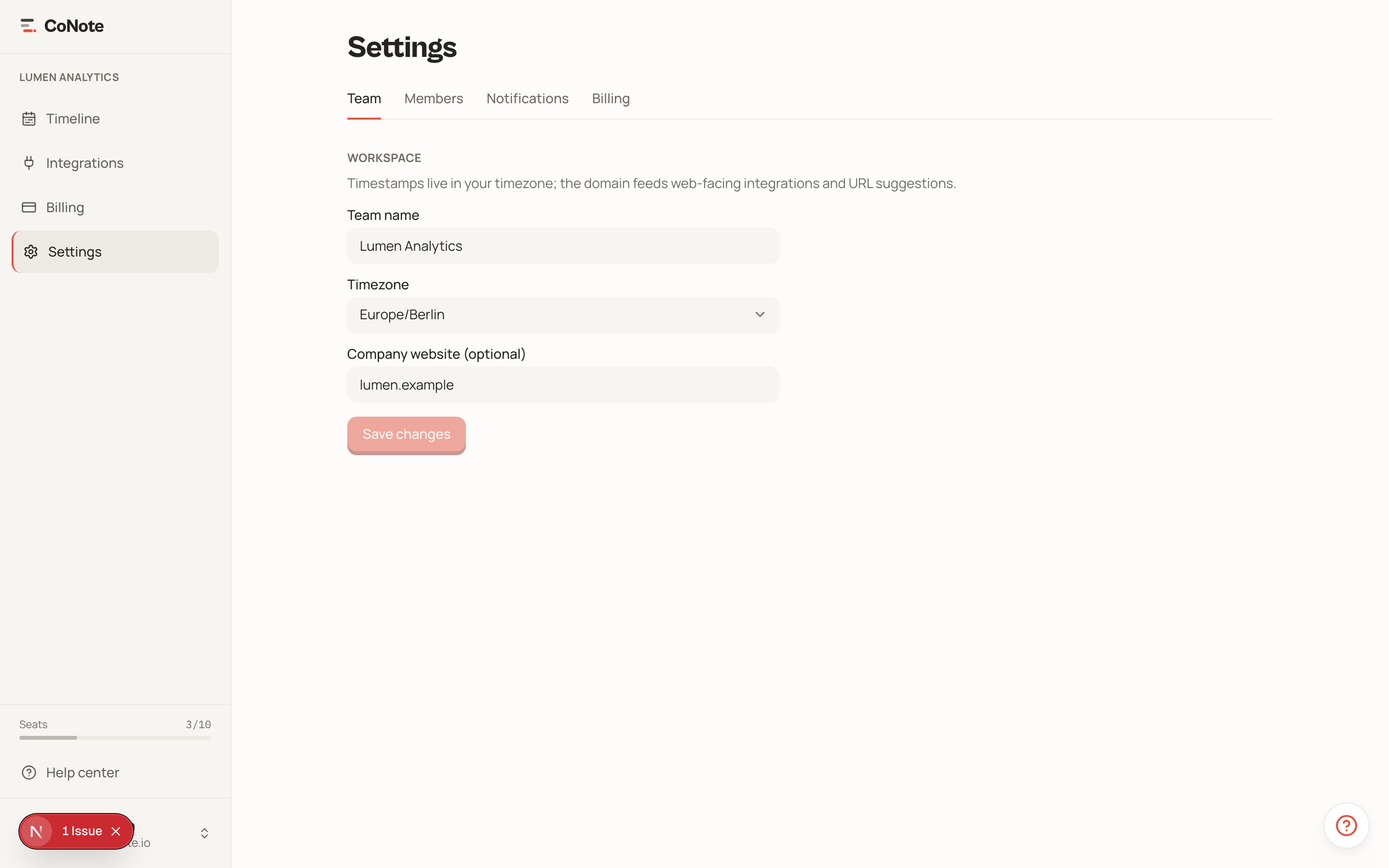 The account settings page