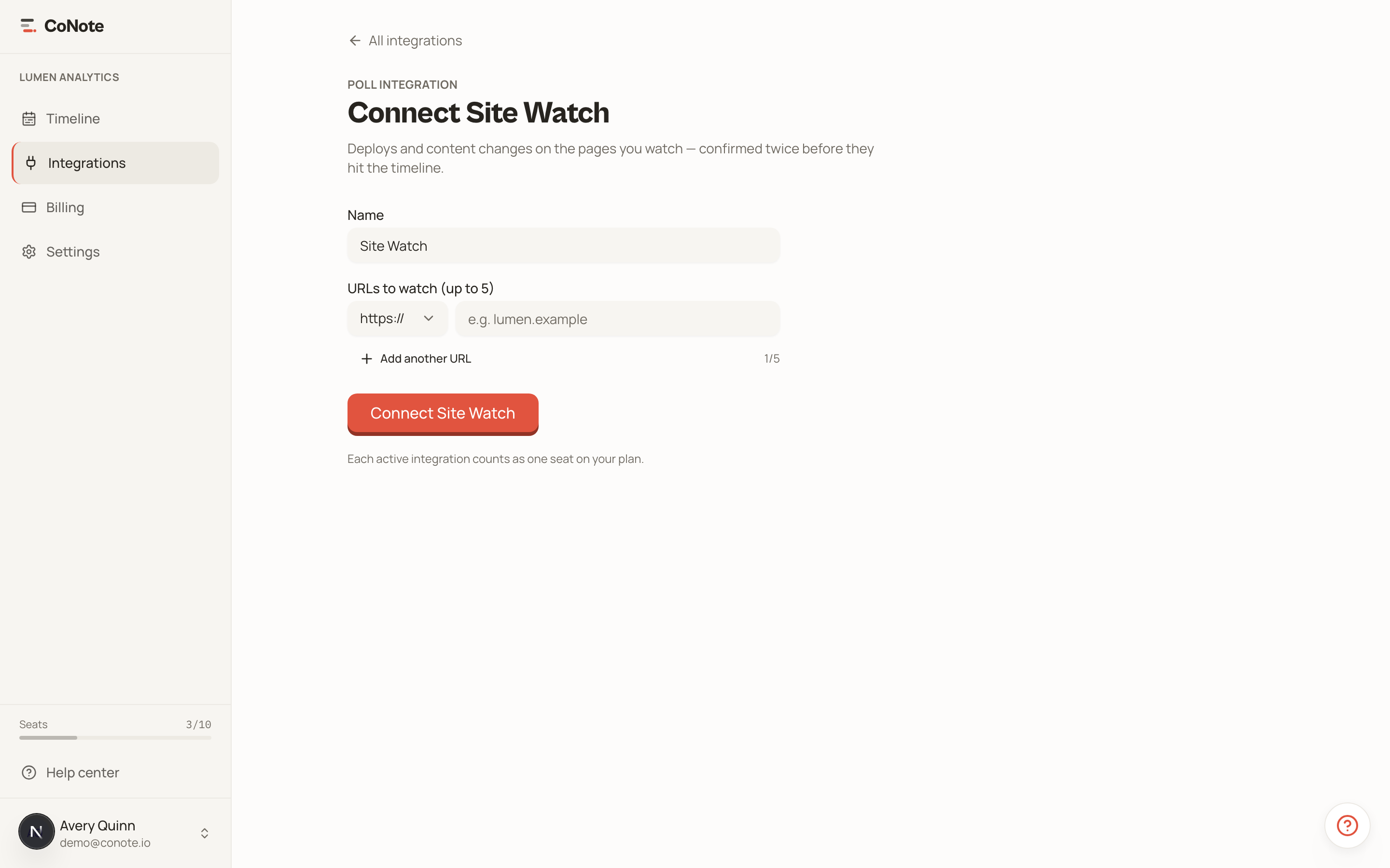 The Site Watch integration setup page where you add pages to watch