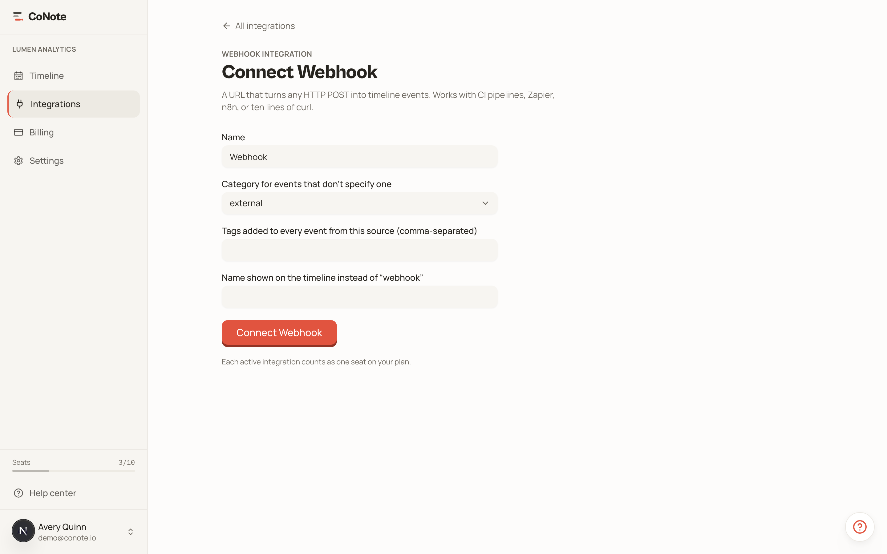 The Webhook integration setup page