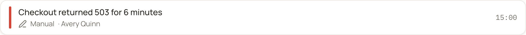A single timeline note card with a red Incident bar, title, source, and time