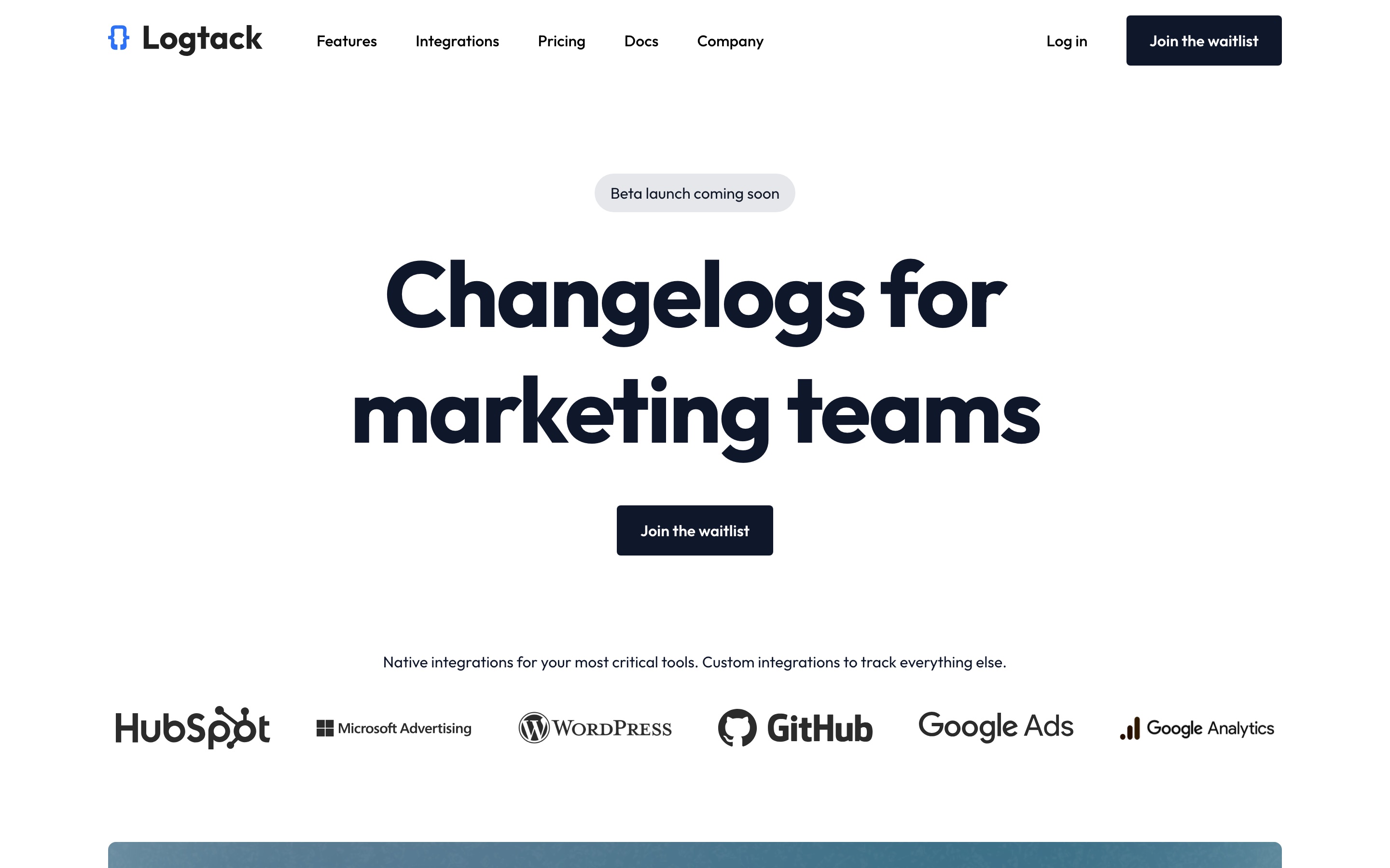 Logtack landing page reading 'Changelogs for marketing teams' with a beta launch badge
