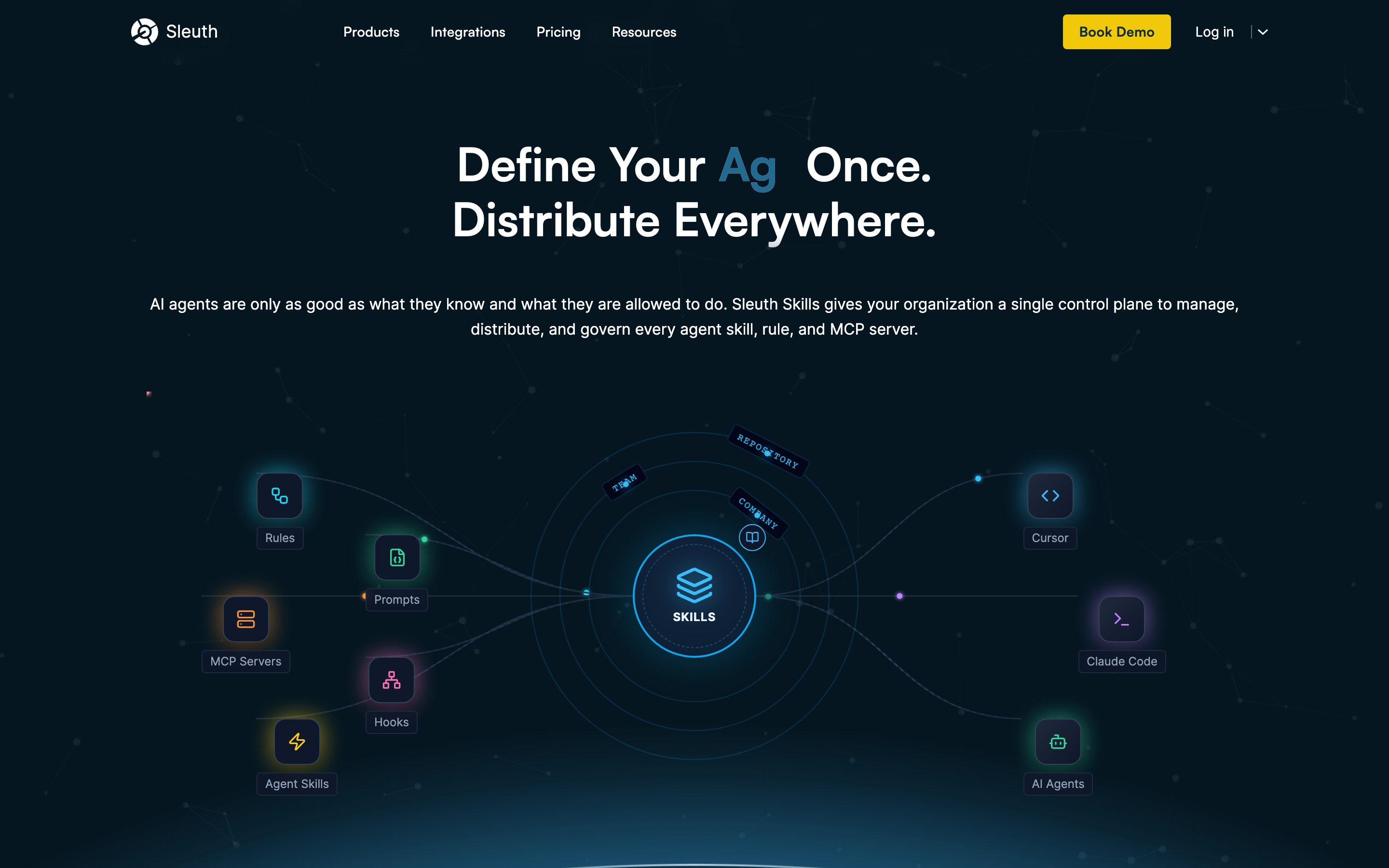 Sleuth landing page reading 'Define your agent once, distribute everywhere'